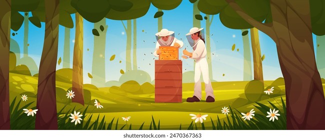 Apicultor con cajas de colmenas. Granja de abejas. Paisaje de bosque de dibujos animados. Jardín de verano. Campo soleado. Cuidador de alpires. Apiaristas de uniforme. Naturaleza salvaje. Mujer y hombre recolectando miel. árbol. fondo de Vector