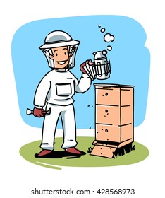 beekeeper in beekeeping suit with a smoker.