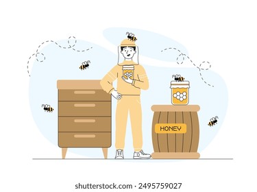 Beekeeper boy concept. Young guy in protective suit in apiary. Person in bee protection uniform collect honeycombs. Farming and agriculture. Linear vector illustration isolated on white background