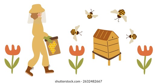 Caractere apicultor. Flores e abelhas. Ilustração da apicultura