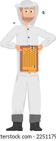 Beekeeper character hold honeycombs. Cartoon apiary worker