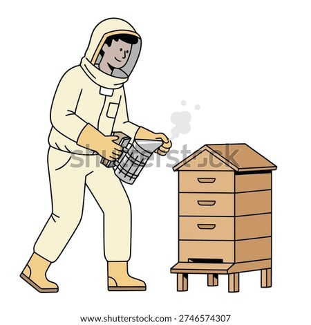 Beekeeper character using a metal smoker to calm bees near a multi-level beehive, flat design pastel style.