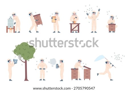 Beekeeper characters. Flat beekeepers collect honey, caring about bee, honeycombs and hives. Seasonal harvesting, apiary farm, agriculture recent vector set
