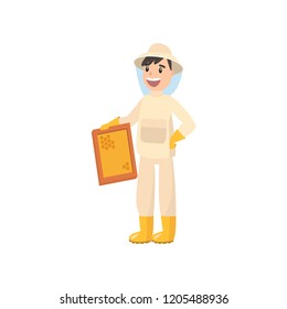 Beekeeper collects honey from bees. Beekeeper in a bee protection suit with a jar of honey.