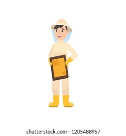 Beekeeper collects honey from bees. Beekeeper in a bee protection suit with a jar of honey.