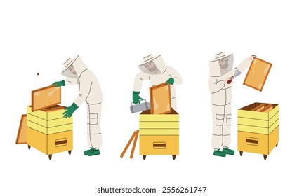 Beekeeper in different poses. Male character in linear flat style.