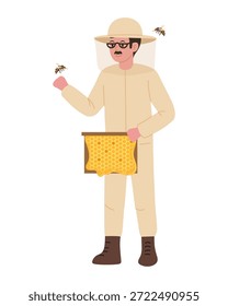 Apicultor com rosto coberto com rede de proteção. Ilustração de vetor plano do apicultor em terno branco segurando favo de mel.