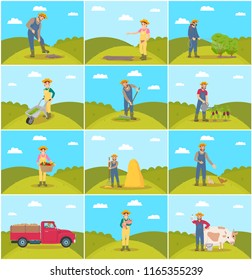 Beekeeper and farming man with rake spreading compost on ground. Chicken feeding, piglet hens tending. Tractor and lorry agricultural machines vector