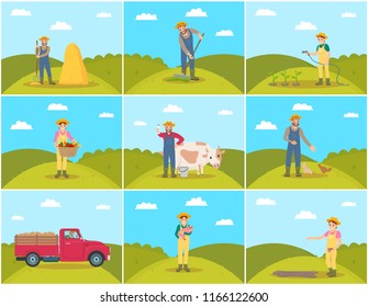 Beekeeper and farming man with rake spreading compost on ground. Chicken feeding, piglet hens tending. Tractor and lorry agricultural machines vector