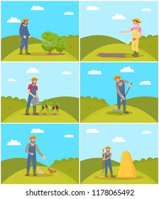 Beekeeper and farming man with rake spreading compost on ground. Chicken feeding, piglet hens tending. Tractor and lorry agricultural machines vector