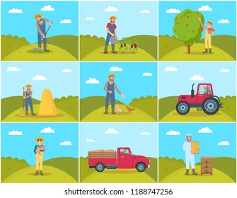 Beekeeper and farming man with rake spreading compost on ground. Chicken feeding, piglet hens tending. Tractor and lorry agricultural machines vector