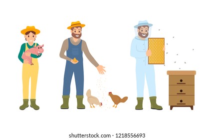 Beekeeper farming people set vector. Breeding of domestic animals and feeding chickens. Man and woman with piglet on hands, apiarist male in uniform