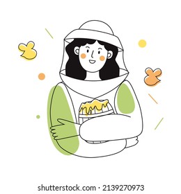 Beekeeper female character in a bee protection suit with a barrel of honey. Outline illustration with colorful accents.