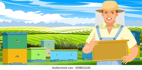 Beekeeper with frame of honeycomb. Gardening village nature landscape. Character in uniform and mesh protective hat. Person is a middle aged man. Cute smiles. Vector