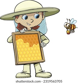 beekeeper girl holds a frame with honeycomb and honey in the company of bees