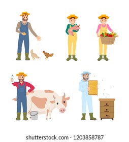 Beekeeper and harvesting season isolated icons set vector. Woman with pig, man with cow, milk in package. Beehive and chicken feeding, farming people