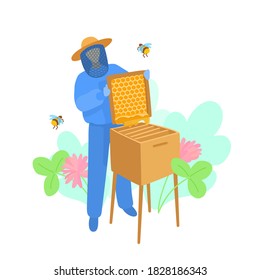 A beekeeper harvests honey, holds a honeycomb frame, stands near a beehive. Wooden bee hive. Honey farm. A vector cartoon illustration.