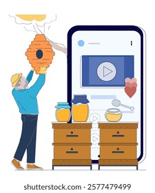 Beekeeper holding a honeycomb near modern smartphone interface, honey jars, and beehives on white background. Concept of beekeeping and honey production. Flat line art vector illustration