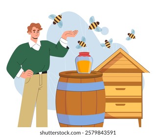 Beekeeper with honey. Man near barrel and glass jar with honey. Natural and organic dessert and delicacy. Farming and agriculture. Apiary and apiculture. Flat vector illustration