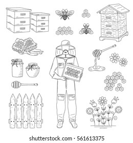 Beekeeper and honey set isolated on white background, vector  hand drawn doodle style illustration.
