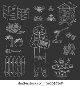 Beekeeper and honey set isolated on black background, vector  hand drawn doodle style illustration.