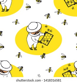 A beekeeper with honeycombs and flying bees Vector illustration Hand drawing set