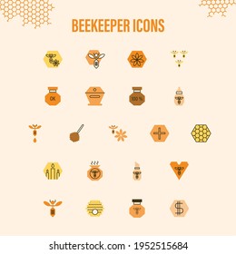 Beekeeper icons. Vector colored icons on the theme of apiary, honey and beekeeping products. A set of symbols for a website, banner or flyer.