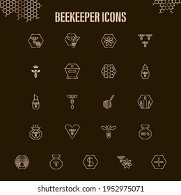 Beekeeper icons. Vector linear icons of gold color on the theme of apiary, honey and beekeeping products. A set of symbols for a website, banner or flyer.
