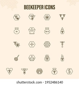 Beekeeper icons. Vector linear icons on the theme of apiary, honey and beekeeping products. A set of symbols for a website, banner or flyer.