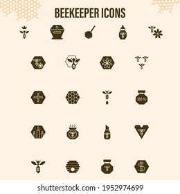 Beekeeper icons. Vector monochrome badges on the theme of apiary, honey and beekeeping products. Set of symbols for website, banner or flyer in vintage style.