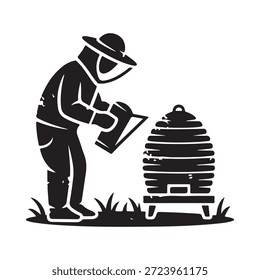 A beekeeper inspecting a beehive with protective gear in a grassy field