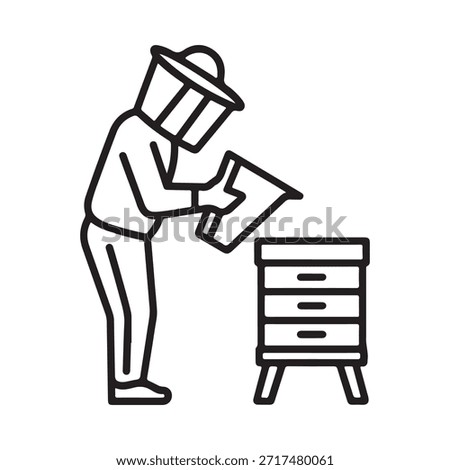 A beekeeper inspecting a hive with a protective suit and smoker