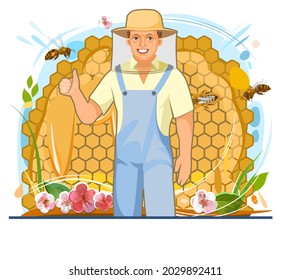 Beekeeper. Isolated on white background. Character in uniform and mesh protective hat. Bees, flowers and honeycombs. Label brand. Person is a middle aged man. Cute smiles. Vector