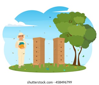 beekeeper with a jar of honey in the apiary. apiary on a beautiful meadow. vector illustration
