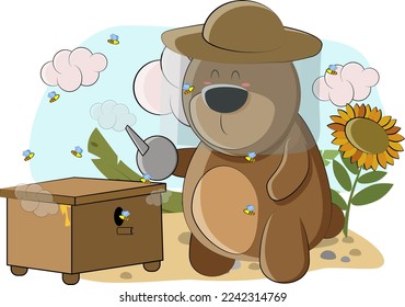 beekeeper looking after his bees in illustration