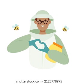 Carácter varón apicultor con traje de protección de abejas con un frasco de miel. Ilustración vectorial plana aislada en fondo blanco.