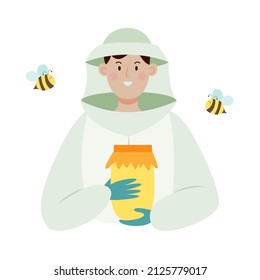 Beekeeper male character in a bee protection suit with a jar of honey. Flat vector illustration isolated on white background.