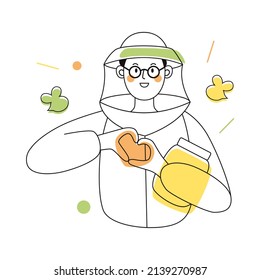 Beekeeper male character in a bee protection suit with a jar of honey. Outline illustration with colorful accents.