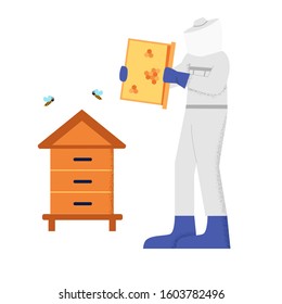 Beekeeper male in white protective suit working on apiary surrounded by bee big limbs style. Honey production process vector flat Illustration isolated on white background