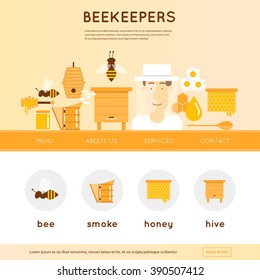 Beekeeper man in hat and tools for beekeeping. Wooden beehives, flowers, smoker, honeycomb,  honey jar with dipper. Website template header. Banner. Vector illustration and flat icons.