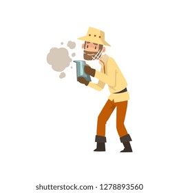 Beekeeper man with smoker, apiculture and beekeeping concept vector Illustration