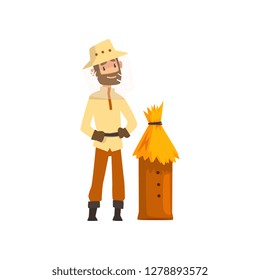 Beekeeper man and wooden beehive, apiculture and beekeeping concept vector Illustration