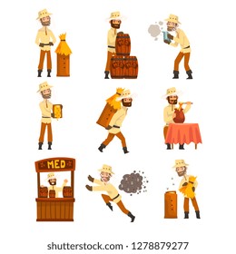 Beekeeper man at work, apiarist harvesting, selling honey, caring for bees, apiculture and beekeeping concept vector Illustration