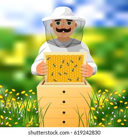 Beekeeper on apiary. A man in a white beekeeper suit works near a beehive. Sunny summer day on a flowering meadow. Vector illustration.