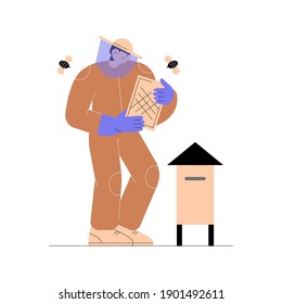 Beekeeper on apiary in protective uniform and mask holds a honeycomb frame isolated on white background. Honey farm. Vector flat illustration.