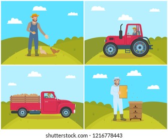 Beekeeper on field and lorry. Chicken feeding, man tending hens poultry on farm. Tractor and van with trailer and potatoes harvested veggies vector