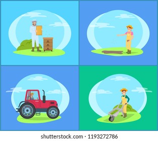 Beekeeper on land and driving tractor field. People working on ground, sowing seeds and transporting compost to fertilize soil. Farming season vector