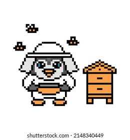 Beekeeper penguin in a bee suit with a jar of honey and a hive, pixel art animal character isolated on white background. Old school retro 80s, 90s 8 bit slot machine, computer, video game graphics. 