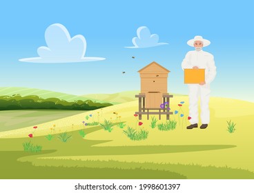 Beekeeper people work in apiary, farm apiculture agriculture, honey gathering from wooden beehive vector illustration. Cartoon man in protective uniform beekeeping, holding honeycomb background