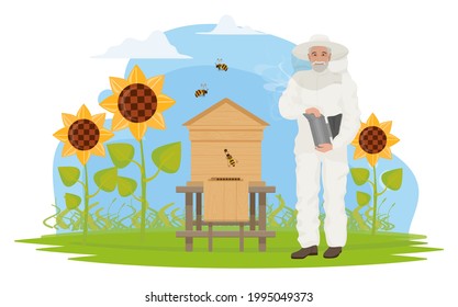 Beekeeper people people work on apiary, honey production vector illustration. Cartoon elderly apiarist character beekeeping, holding honeycomb, standing near hive, sunflower garden isolated on white